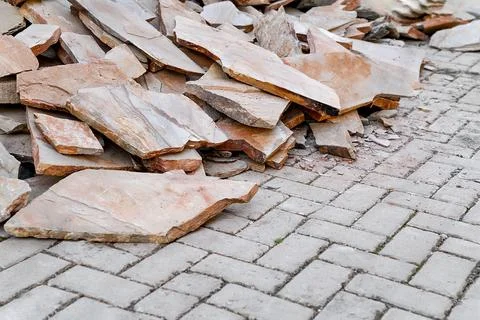 Heap of natural facing stone for walls and laying paths, copy space Stock Photos