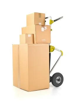 Heap or stack of brown carton transport boxes with barrow over white, deliver Stock Photos