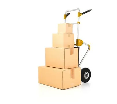 Heap or stack of brown carton transport boxes with barrow over white, deliver Foto stock