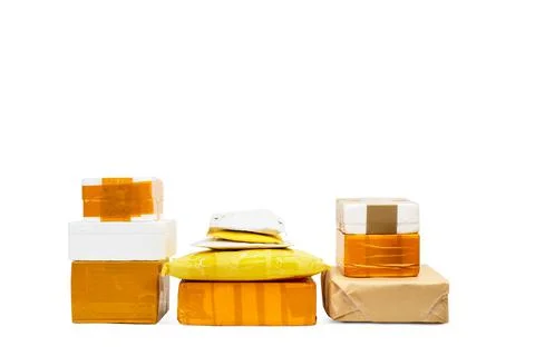 A heap of packages on a white background with copy space Stock Photos