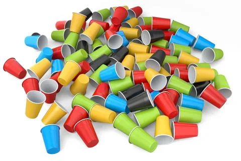 Heap of pastic disposable party cup for juice, fresh, beer on white backgroun Stock Illustration