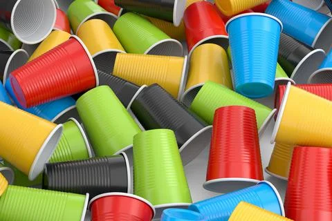 Heap of pastic disposable party cup for juice, fresh, beer on white backgroun Stock Illustration