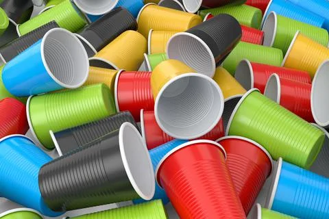 Heap of pastic disposable party cup for juice, fresh, beer on white backgroun Stock Illustration