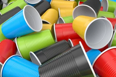 Heap of pastic disposable party cup for juice, fresh, beer on white backgroun Stock Illustration