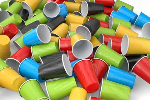 Heap of pastic disposable party cup for juice, fresh, beer on white backgroun Stock Illustration