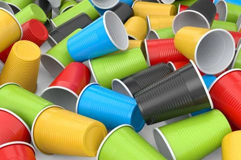Heap of pastic disposable party cup for juice, fresh, beer on white backgroun Stock Illustration