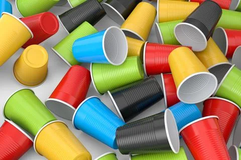 Heap of pastic disposable party cup for juice, fresh, beer on white backgroun Stock Illustration