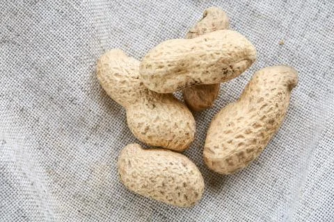 Heap of peanuts on light tablecloth, close-up, shallow depth of field, selective Stock Photos