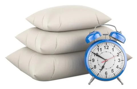 Heap of pillows with alarm clock, 3D rendering Stock Illustration