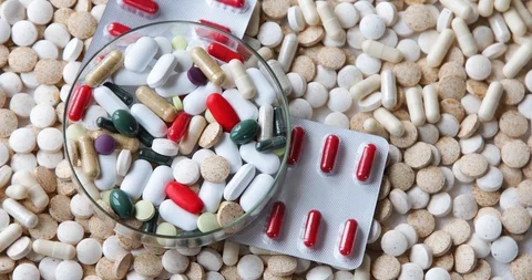 Heap of pills. Top view, flat lay	 Stock Footage 126807684
