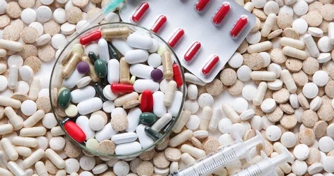 Heap of pills. Top view, flat lay	 Stock Footage 126807686