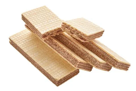 Heap of rectangular shaped wafer biscuits and one broken halved into two piec Stock Photos