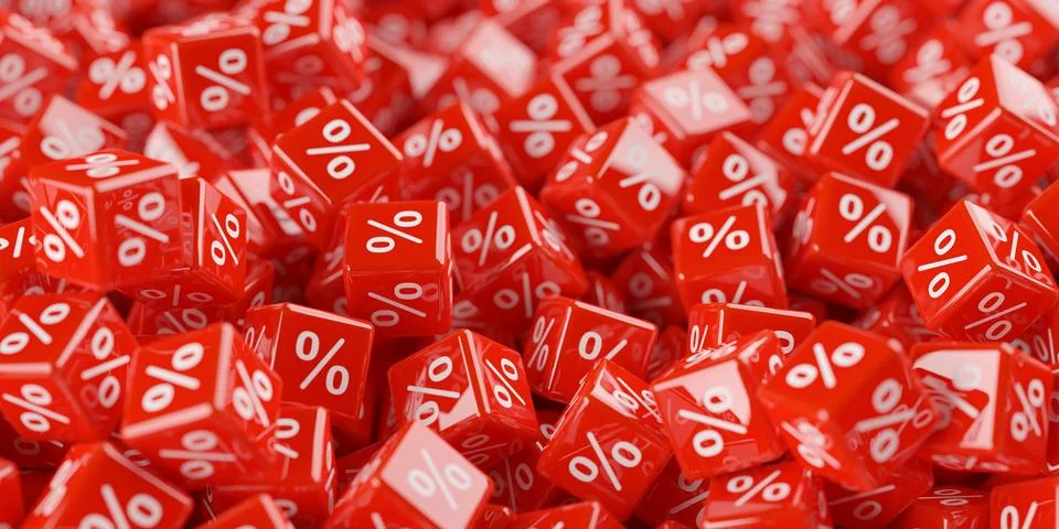 Heap of red cubes or dice with percent sign symbol, sale, discount or sales.. Stock Illustration