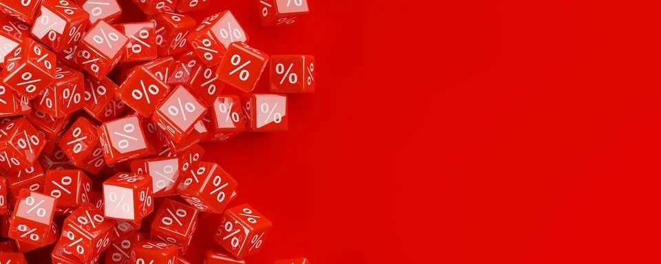 Heap of red cubes or dice with percent sign symbol border on red background.. Stock Illustration