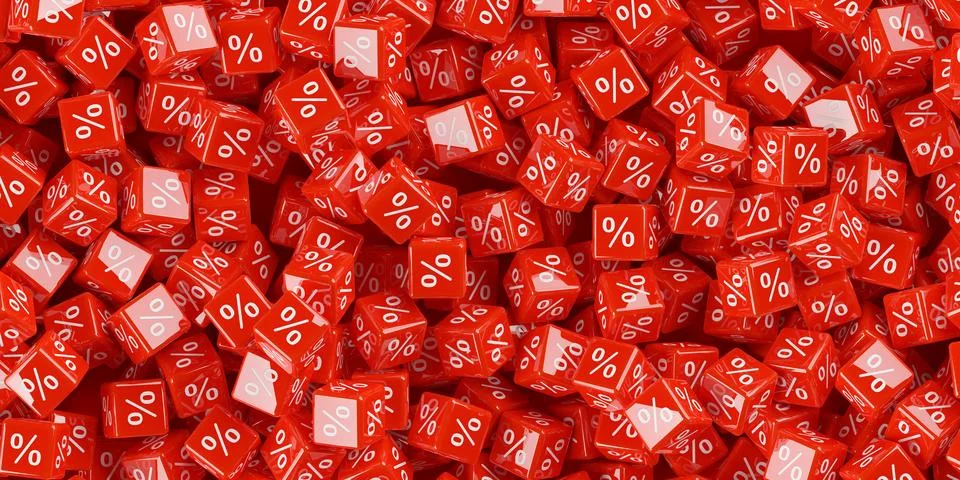 Heap of red cubes or dice with percent sign symbol, sale, discount or sales.. Stock Illustration