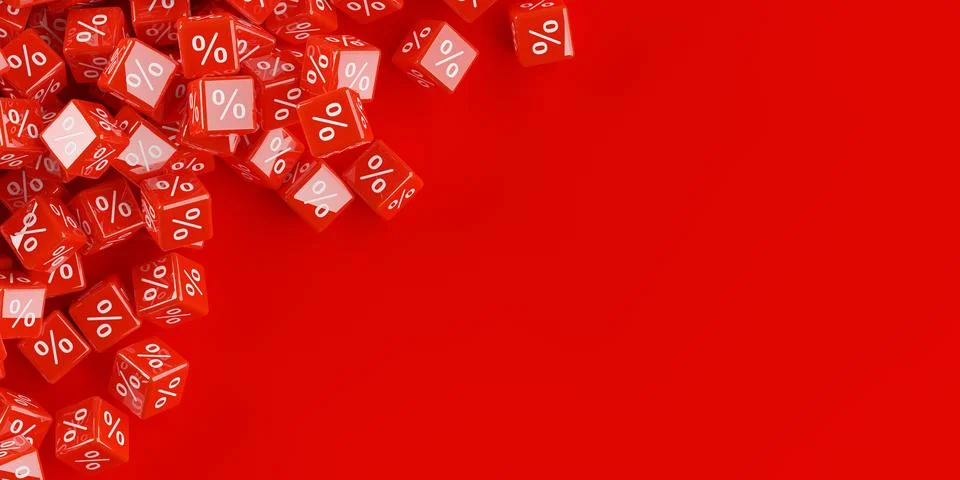 Heap of red cubes or dice with percent sign symbol corner on red background.. Stock Illustration