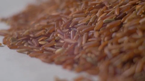 Heap of red rice close up pouring down. Red rice closeup. Slow motion. Food Stock Footage 105681507