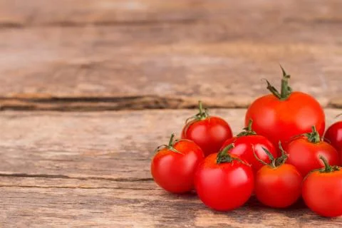 Heap of red shiny tomatoes with different size. Stock Photos