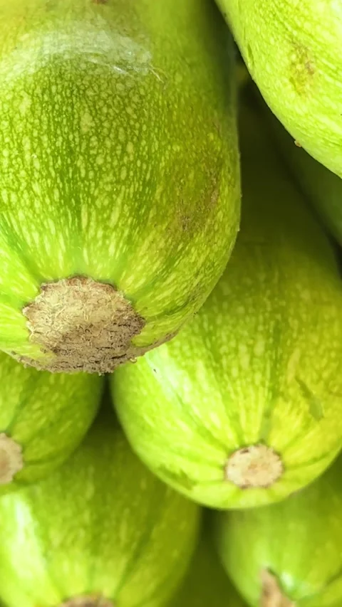 Heap of ripe courgettes on bazaar counter with fresh summer vegetables and Stock Footage 345730210