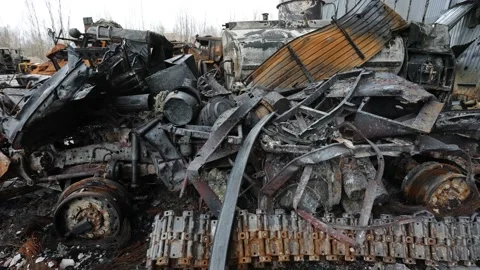 Heap of rusty mangled destroyed russian armored vehicles Stock-Footage 182900983