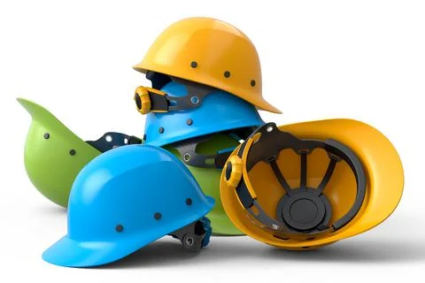 Heap of safety helmets or hard caps for carpentry work on white background Stock Illustration