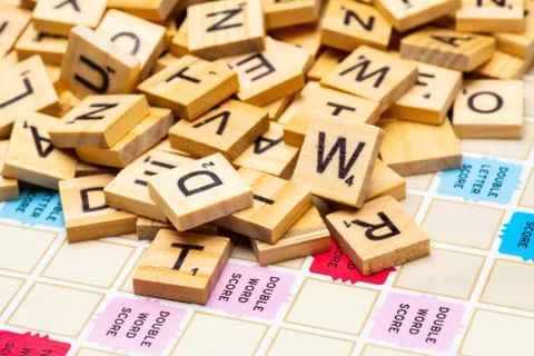 Heap of scrabble tile letters from above Stock Photos