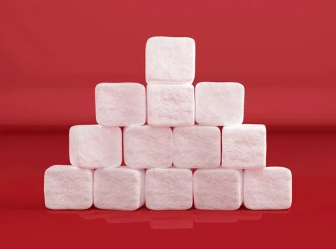 Heap of sugar cubes on red background, 3d render 스톡 일러스트