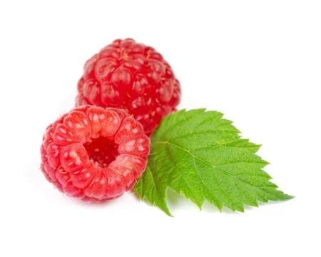 Heap of Two Red Ripe Raspberry with Green Leaf Isolated on White Background Stock Photos