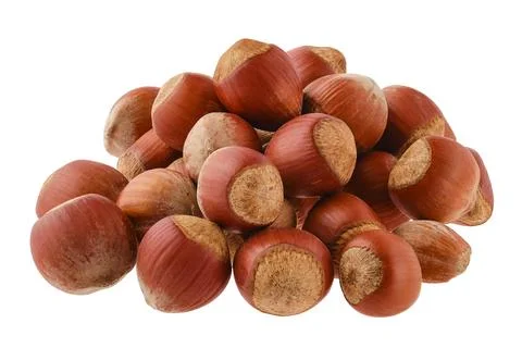 Heap of unpeeled hazelnut in a shell isolated on white Foto stock