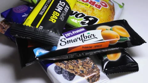 Heap of various high-protein snacks, sports nutrition energy snacks Stock-Footage 209160697