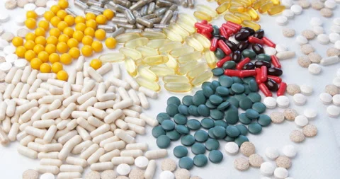 Heap of various pills , rotation Stock Footage 189815503