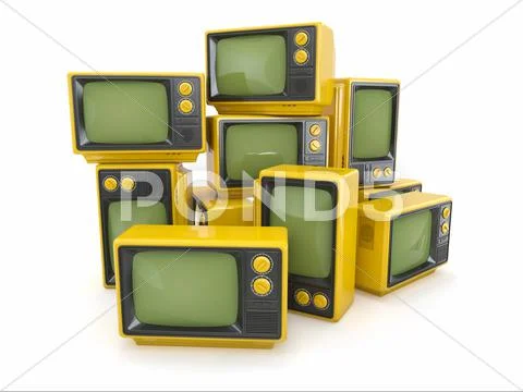 Heap of vintage tv on white background. 3d Stock Illustration