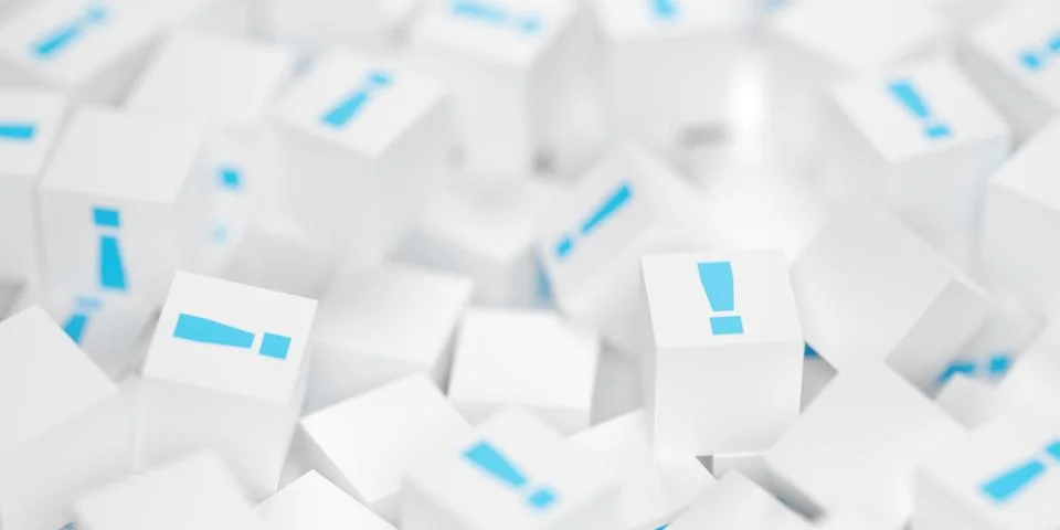 Heap of white cubes or boxes with blue exclamation marks, idea, solution or c イラスト素材