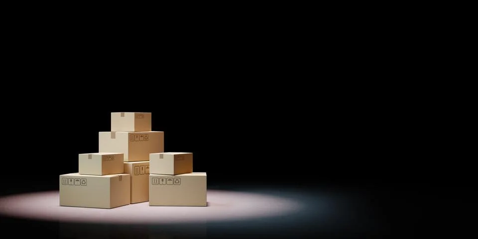 Heaps of Closed Cardboard Boxes Spotlighted on Black Background 3D Illustrati Stock Illustration