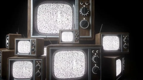 Heaps of retro, antique tv in dark room. Noise tv. Realistic 4k animation. 動画素材 73580782