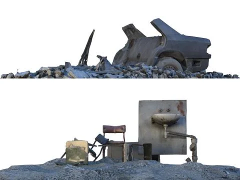 Heaps of rubble and debris isolated on white 3d illustration Stock Illustration