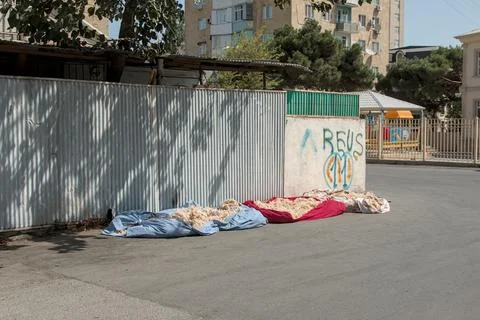 Heaps of the sheep's coat are drying on the street at the Baku, Azerbaijan Stock Photos