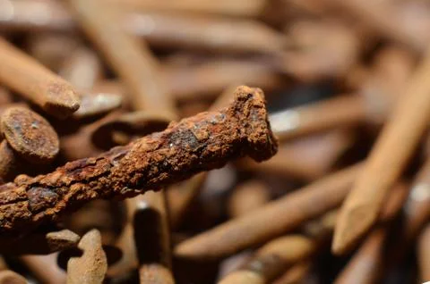 Heaps of used nails made of rusty iron material are brown mixed with black sp Stock Photos