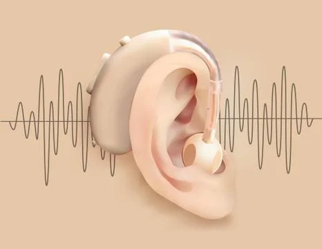 Hearing aid behind ear. Ear and sound amplifier on background of sound wave Stock Illustration