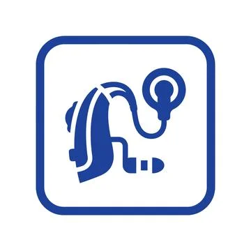Hearing aid device icon in blue square frame illustrating audiology and coc.. Ilustración de archivo