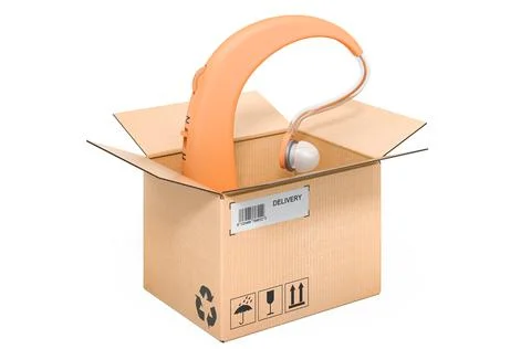 Hearing aid inside cardboard box, delivery concept. 3D rendering Illustrazione stock