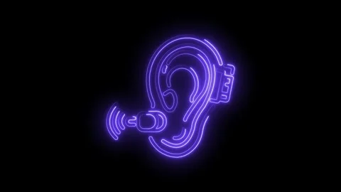 Hearing aid neon light on black background medical audiology solution technology Stock Footage 330773769