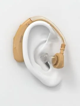 Hearing aid on white ear. three-dimensional image. 3d Stock Illustration