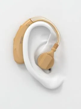 Hearing aid on white ear. three-dimensional image. 3d Ilustración de archivo