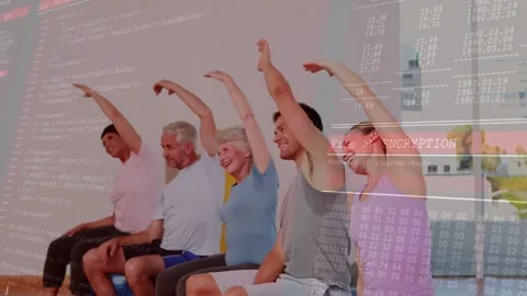 Hearing cue five adults raising arms on exercise balls in studio in sportswear, Stock Footage 331593602