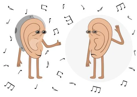 Hearing loss human ears try to listen to music. Cartoon Illustration