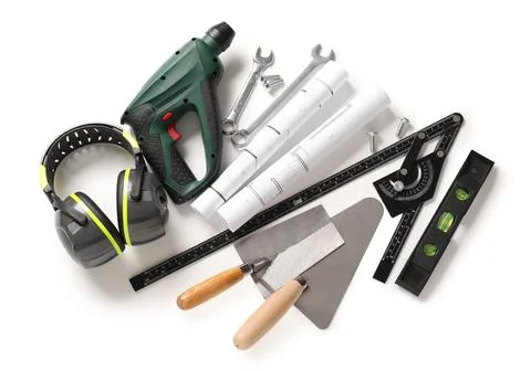 Hearing protectors with set of construction tools and house plans isolated on Stock Photos