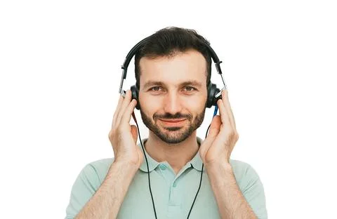 Hearing test, hearing diagnostic. A man wearing headphones having an audiomet Fotos Stock
