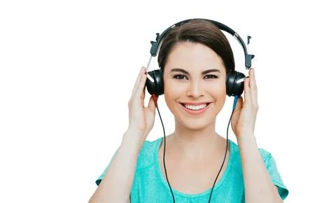 Hearing test, hearing diagnostic. Smiling Hispanic woman wearing headphones h Foto stock