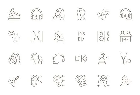 Hearing Vector Icon Library with 24 Thin Line 256x256 Pixel Aligned Designs Stock Illustration